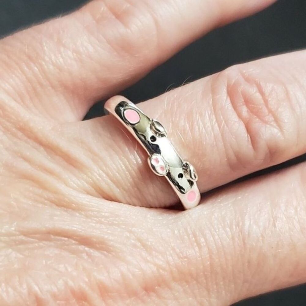 Silver tone piggy face adjustable ring pink pig
